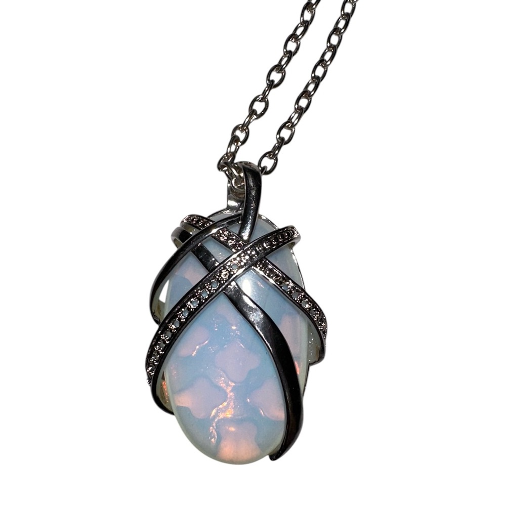 Silver and White Opal Pendant Necklace 21" Chain Gemstone Charm Oval Jewelry